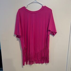 Vibrant Pink Short Sleeve T-Shirt with Fringe Hem